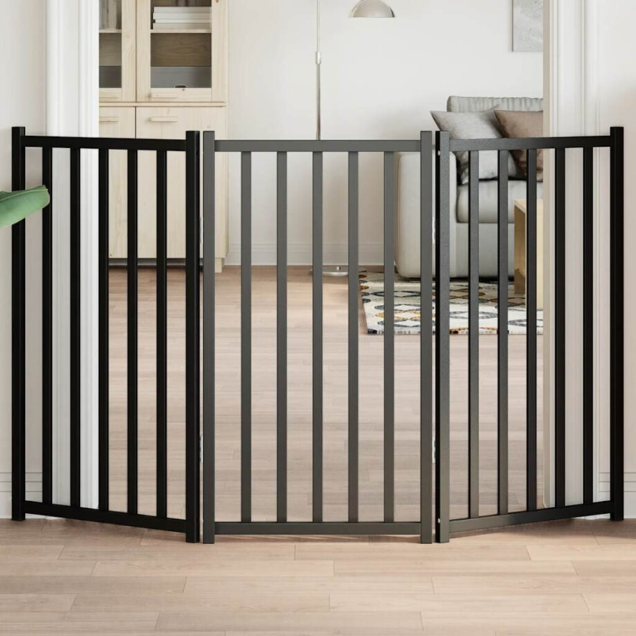 vidaXL Hondenhek inklapbaar 3 panelen 150 cm massief vurenhout zwart afbeelding 1