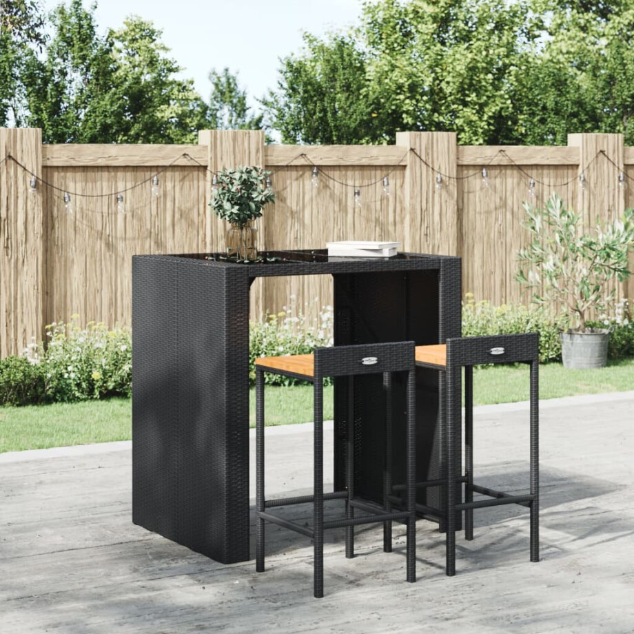 vidaXL Barkrukken 2 st poly rattan en massief acaciahout zwart afbeelding 1