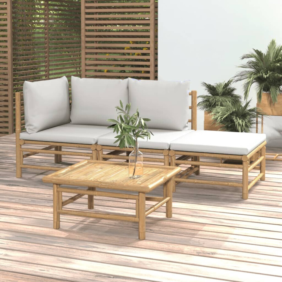 vidaXL 4-delige Loungeset met kussens bamboe lichtgrijs vidaXL 4-delige Loungeset met kussens bamboe lichtgrijs afbeelding 1