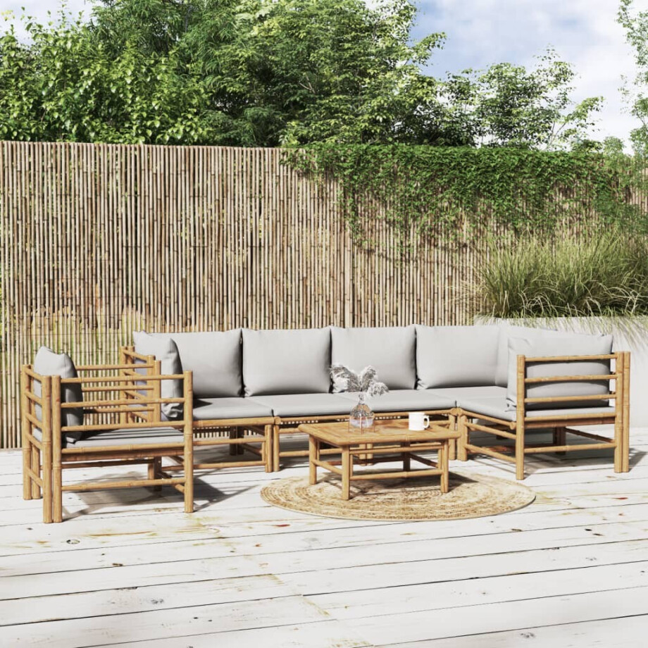 vidaXL 7-delige Loungeset met lichtgrijze kussens bamboe vidaXL 7-delige Loungeset met lichtgrijze kussens bamboe afbeelding 1