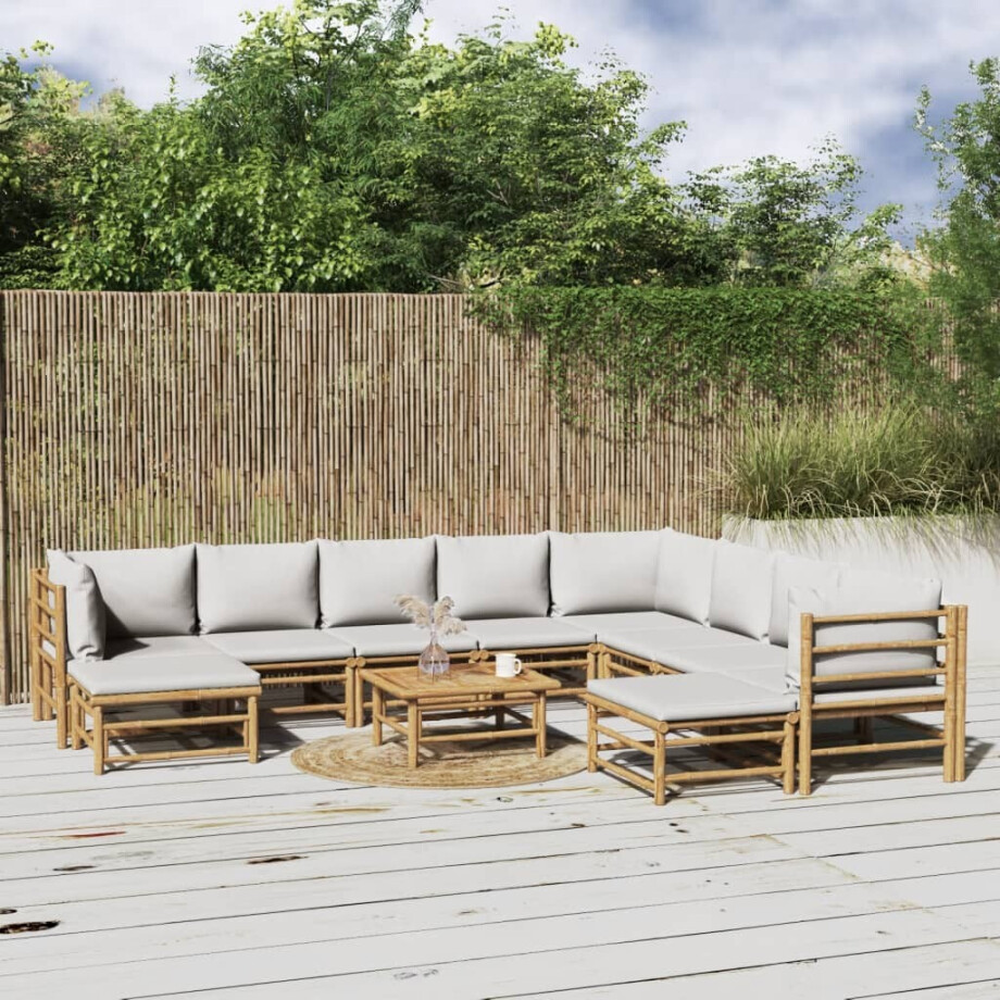 vidaXL 11-delige Loungeset met kussens bamboe lichtgrijs afbeelding 1