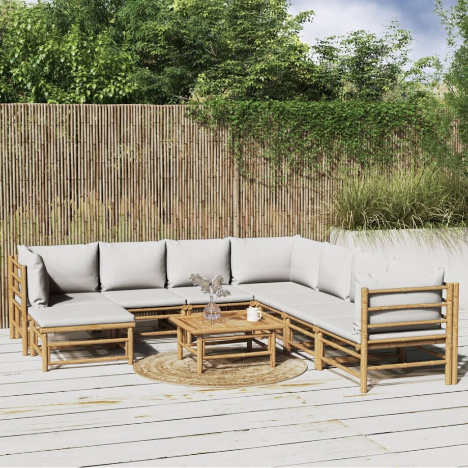 vidaXL 9-delige Loungeset met kussens bamboe lichtgrijs vidaXL 9-delige Loungeset met kussens bamboe lichtgrijs afbeelding 1