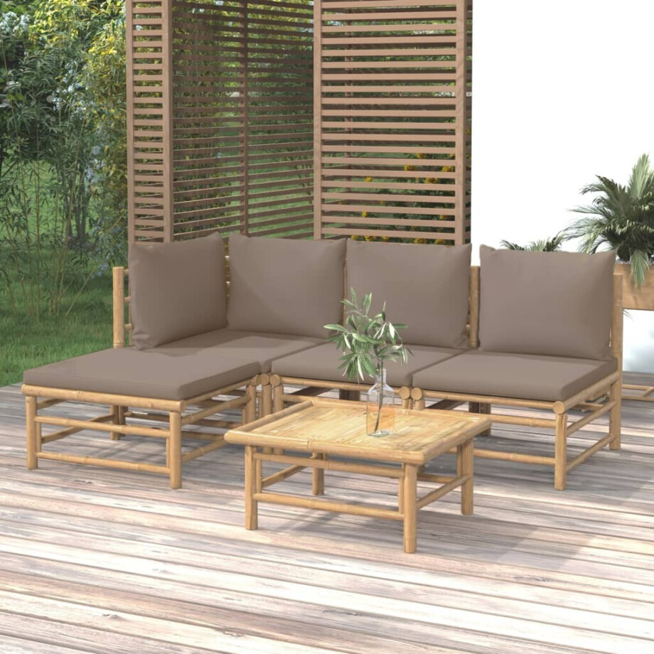 vidaXL 5-delige Loungeset met kussens bamboe taupe afbeelding 1