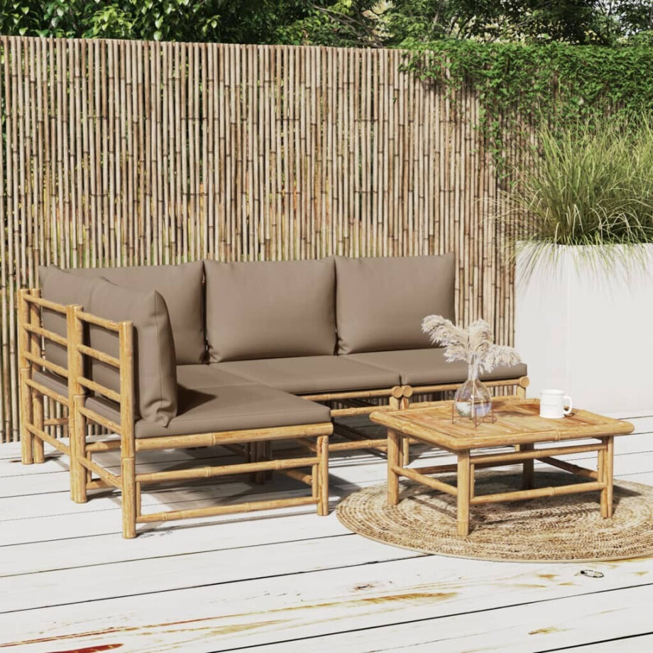 vidaXL 5-delige Loungeset met kussens bamboe taupe afbeelding 1