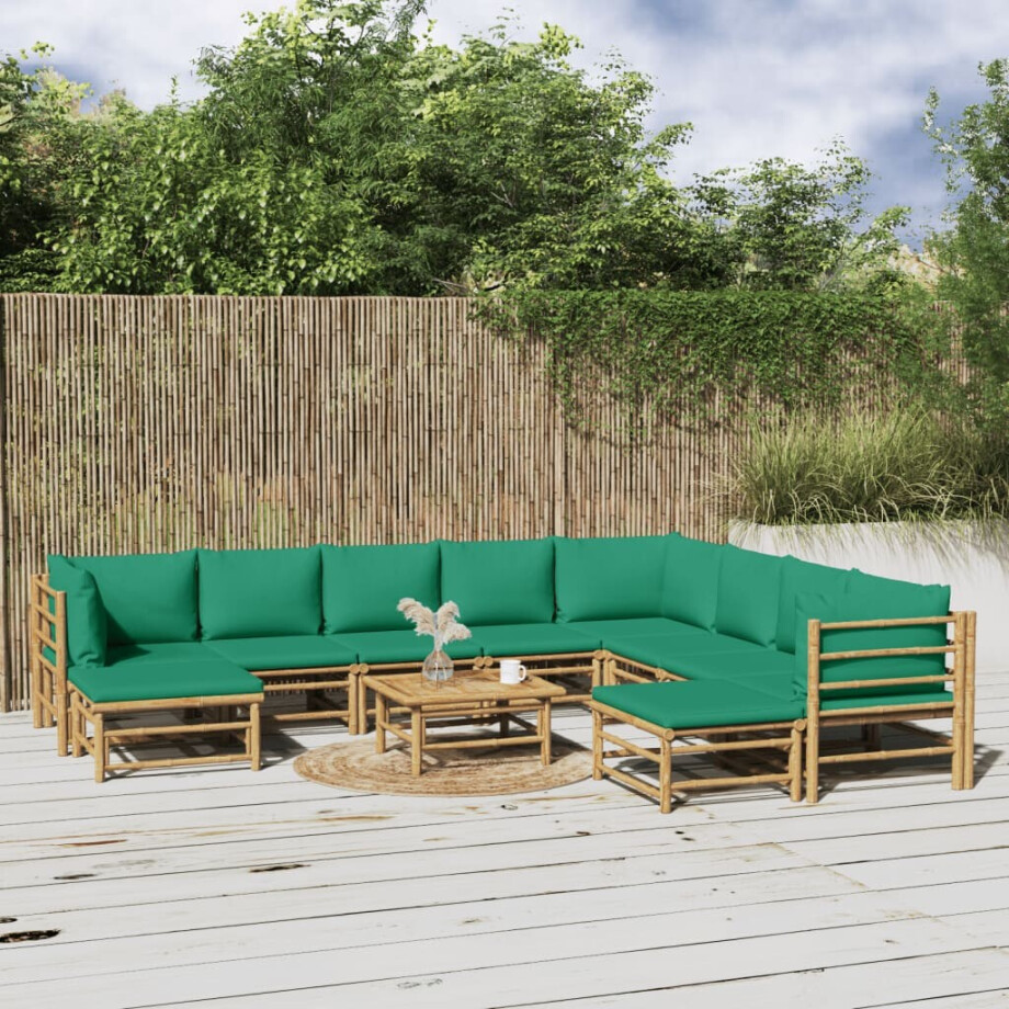 vidaXL 11-delige Loungeset met kussens bamboe groen vidaXL 11-delige Loungeset met kussens bamboe groen afbeelding 1
