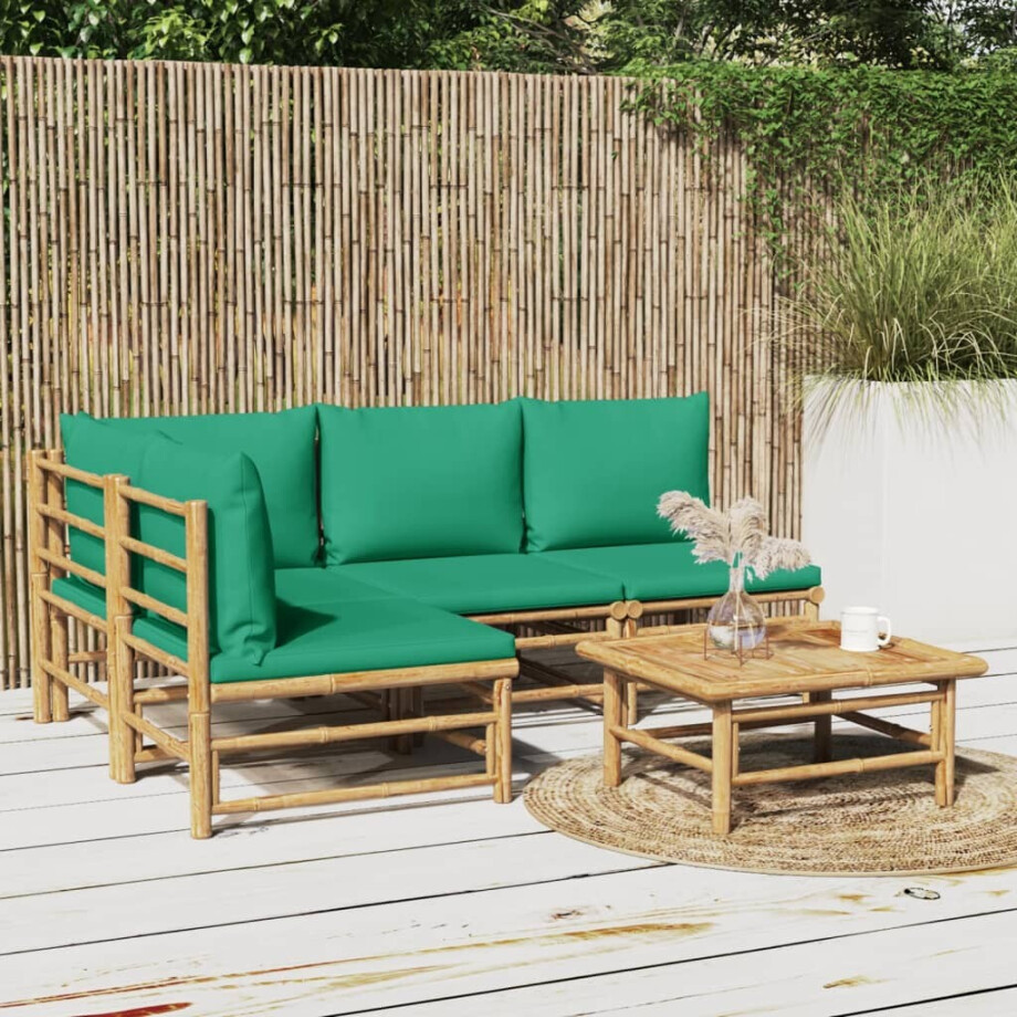 vidaXL 5-delige Loungeset met kussens bamboe groen vidaXL 5-delige Loungeset met kussens bamboe groen afbeelding 1