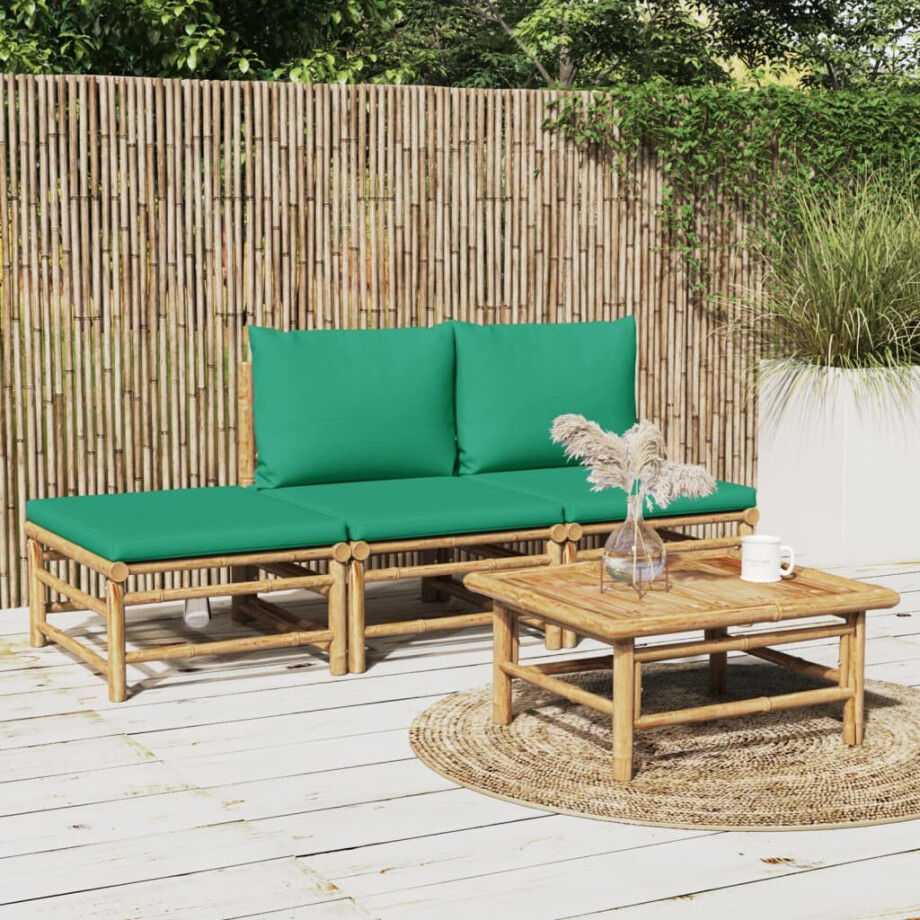 vidaXL 4-delige Loungeset met kussens bamboe groen vidaXL 4-delige Loungeset met kussens bamboe groen afbeelding 1