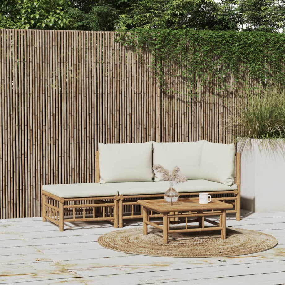 vidaXL 3-delige Loungeset met kussens bamboe crèmewit vidaXL 3-delige Loungeset met kussens bamboe crèmewit afbeelding 1
