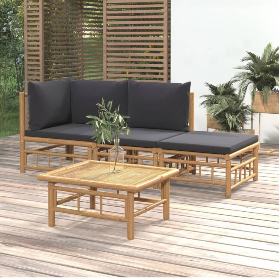 vidaXL 4-delige Loungeset met kussens bamboe donkergrijs vidaXL 4-delige Loungeset met kussens bamboe donkergrijs afbeelding 1