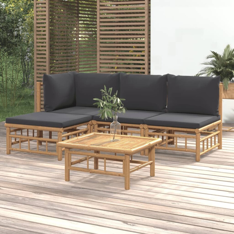 vidaXL 5-delige Loungeset met kussens bamboe donkergrijs afbeelding 1