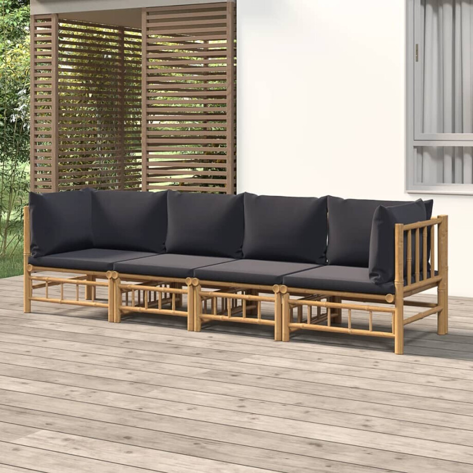 vidaXL 4-delige Loungeset met kussens bamboe donkergrijs afbeelding 1