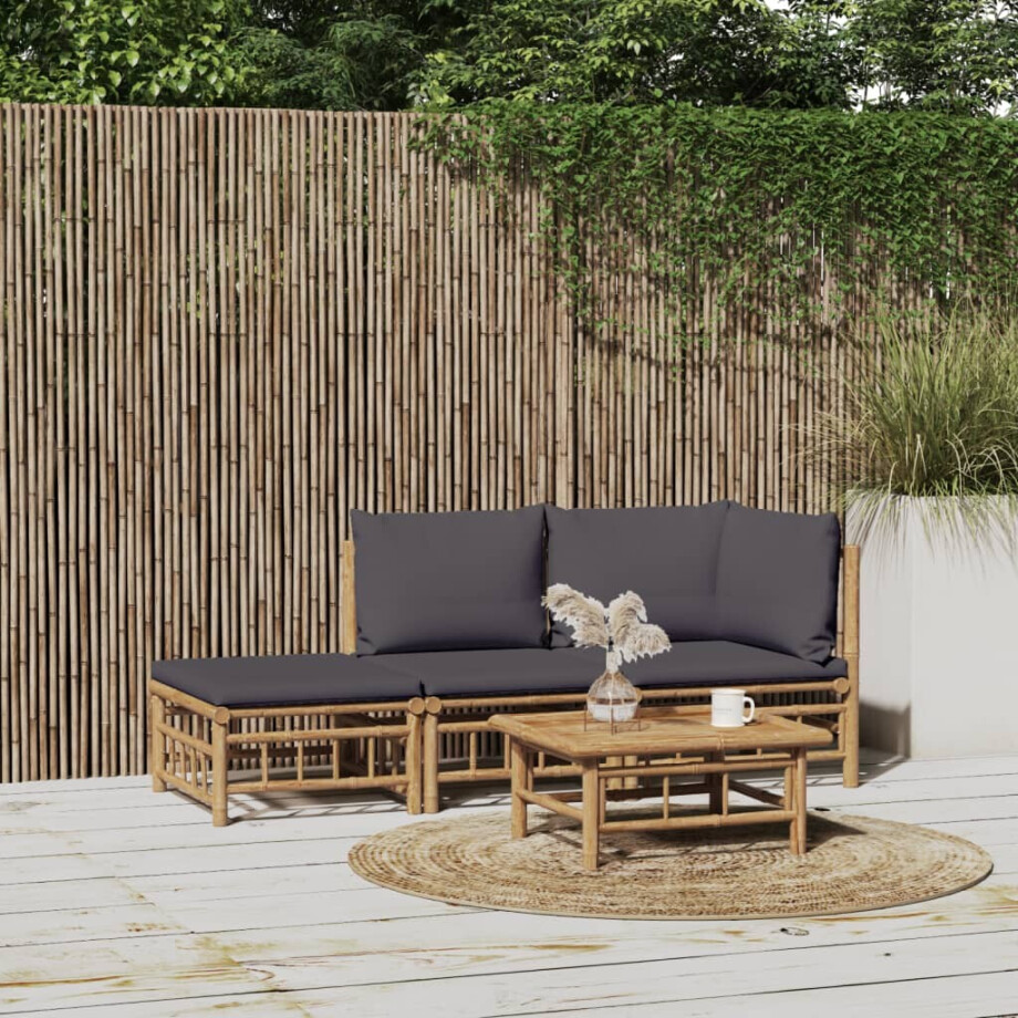 vidaXL 3-delige Loungeset met kussens bamboe donkergrijs afbeelding 1