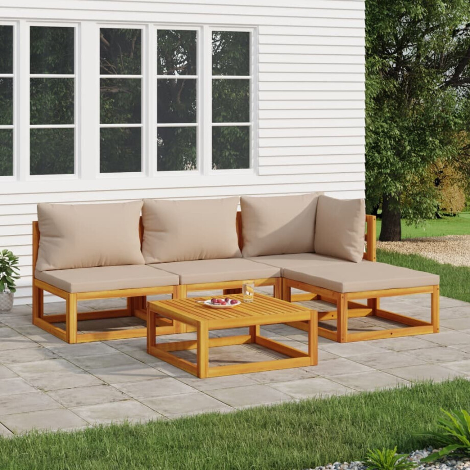 vidaXL 5-delige Loungeset met kussens massief hout taupe vidaXL 5-delige Loungeset met kussens massief hout taupe afbeelding 1