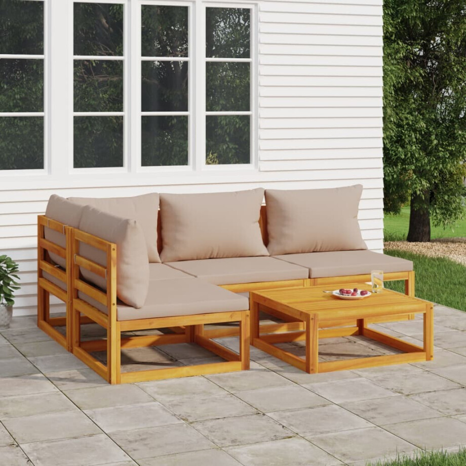vidaXL 5-delige Loungeset met taupe kussens massief hout vidaXL 5-delige Loungeset met taupe kussens massief hout afbeelding 1
