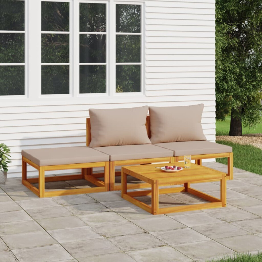 vidaXL 4-delige Loungeset met taupe kussens massief hout vidaXL 4-delige Loungeset met taupe kussens massief hout afbeelding 1
