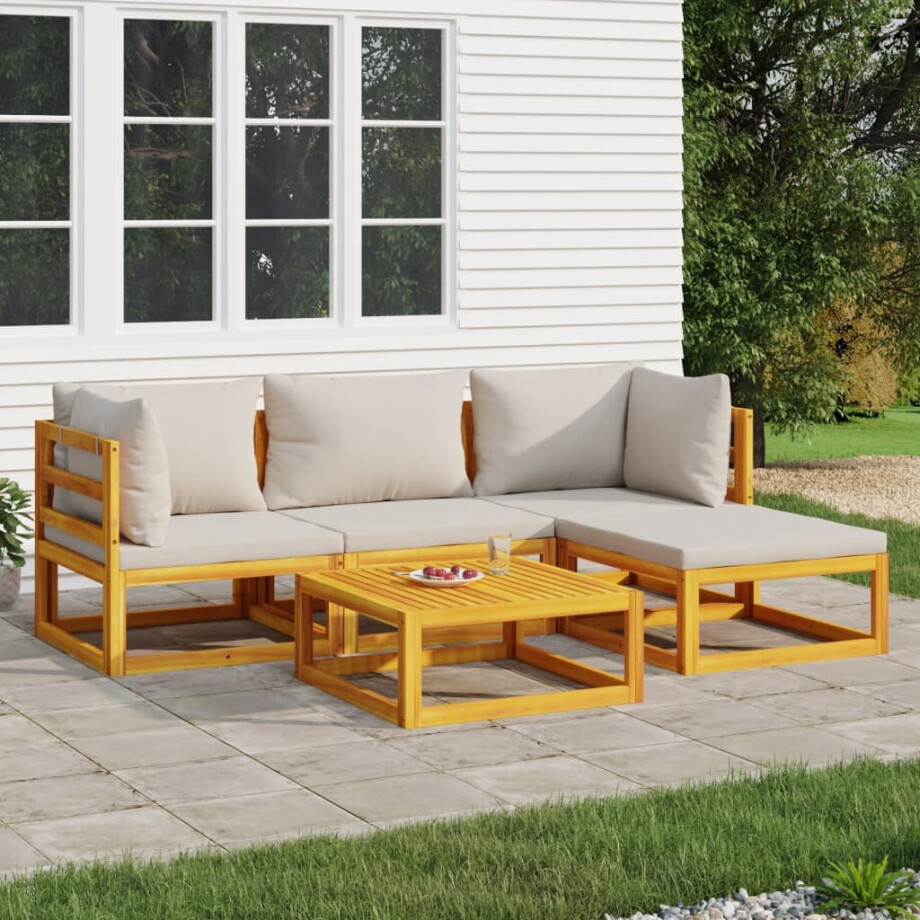 vidaXL 5-delige Loungeset met lichtgrijze kussens massief hout vidaXL 5-delige Loungeset met lichtgrijze kussens massief hout afbeelding 1