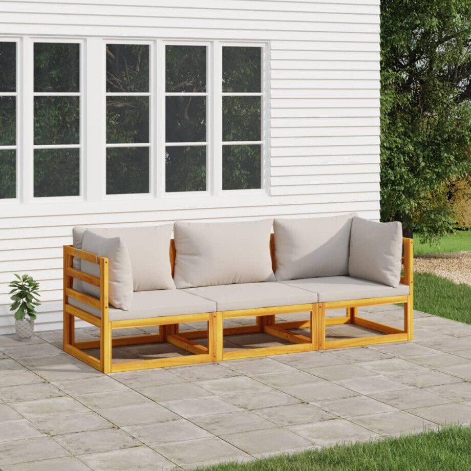 vidaXL 3-delige Loungeset met lichtgrijze kussens massief hout afbeelding 1
