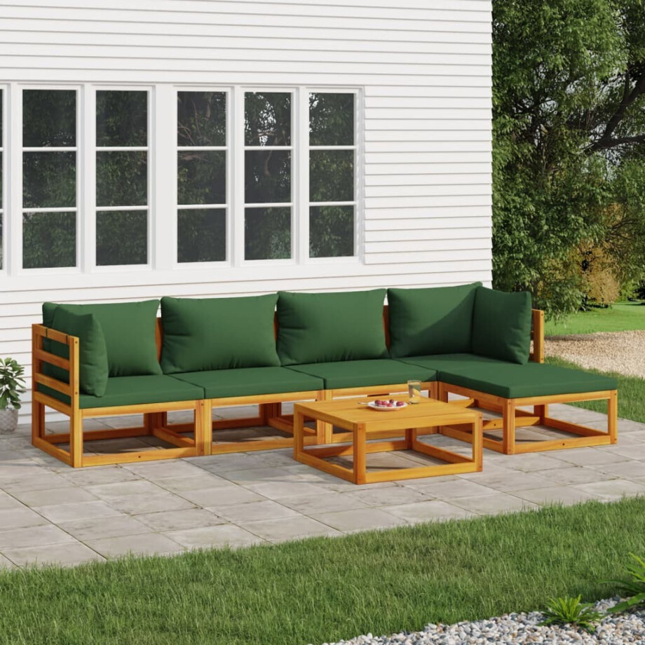 vidaXL 6-delige Loungeset met groene kussens massief hout vidaXL 6-delige Loungeset met groene kussens massief hout afbeelding 1