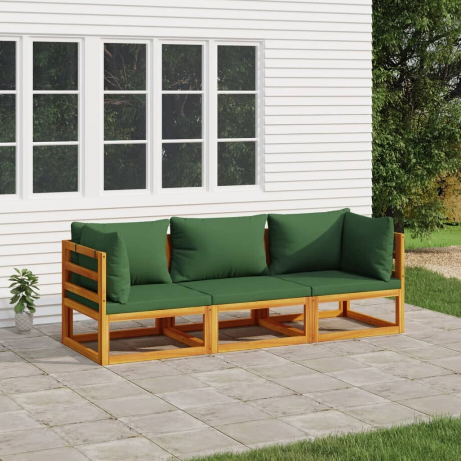 vidaXL 3-delige Loungeset met groene kussens massief hout afbeelding 1