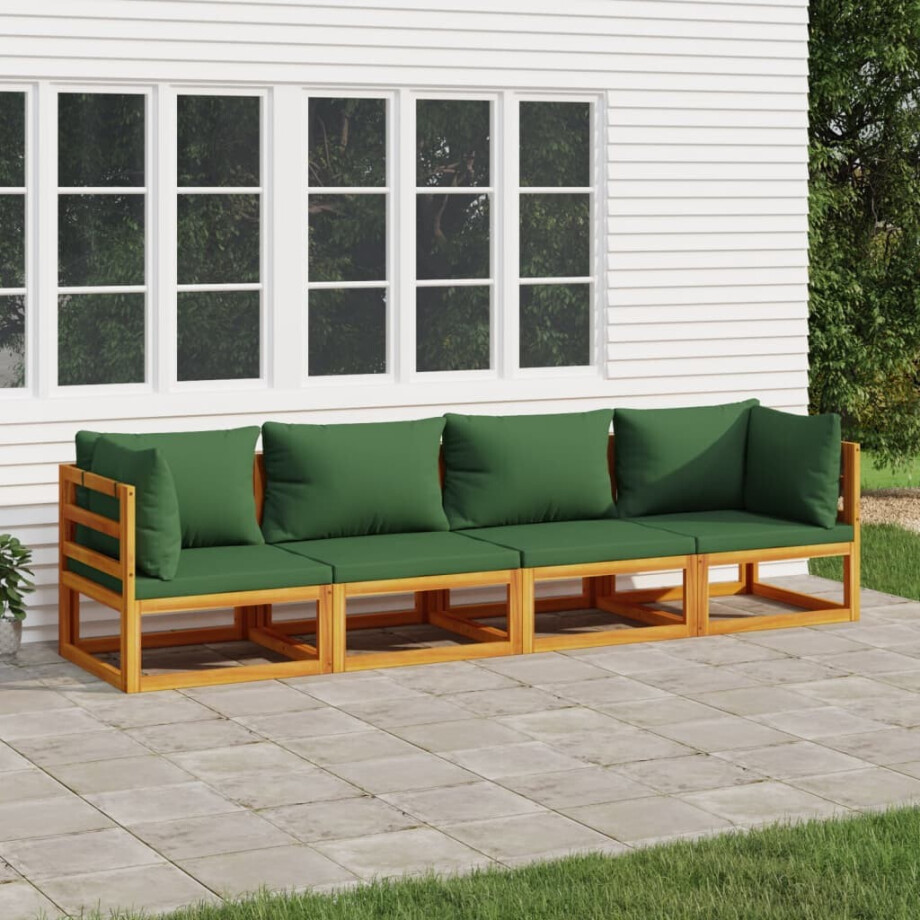 vidaXL 4-delige Loungeset met groene kussens massief hout vidaXL 4-delige Loungeset met groene kussens massief hout afbeelding 1
