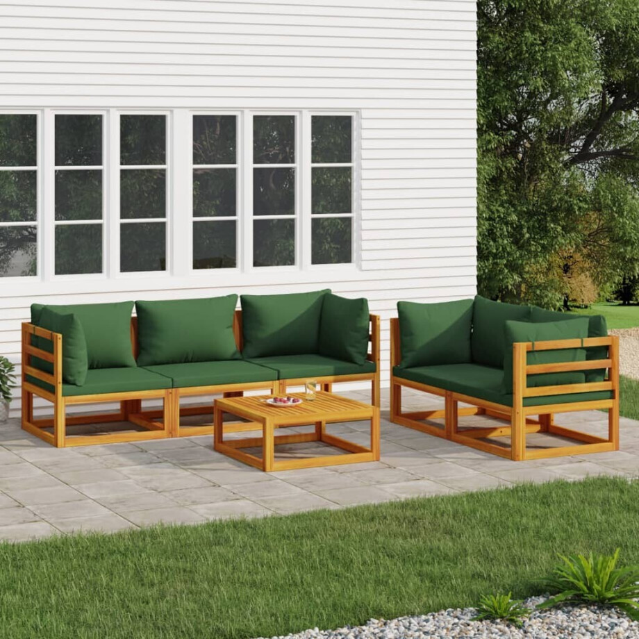 vidaXL 6-delige Loungeset met groene kussens massief hout vidaXL 6-delige Loungeset met groene kussens massief hout afbeelding 1