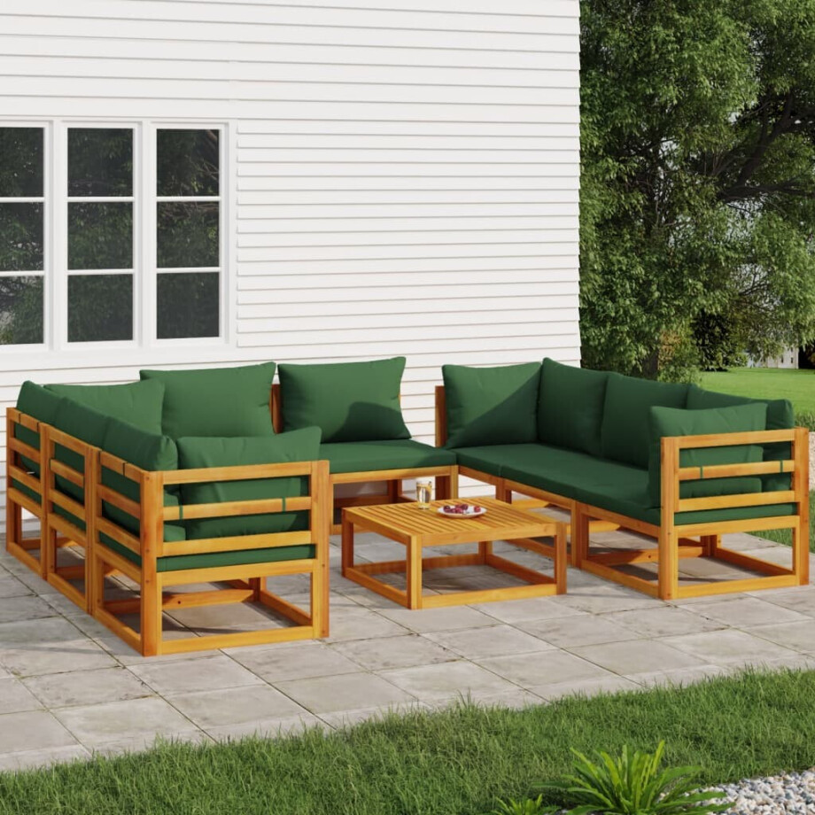 vidaXL 9-delige Loungeset met groene kussens massief hout vidaXL 9-delige Loungeset met groene kussens massief hout afbeelding 1
