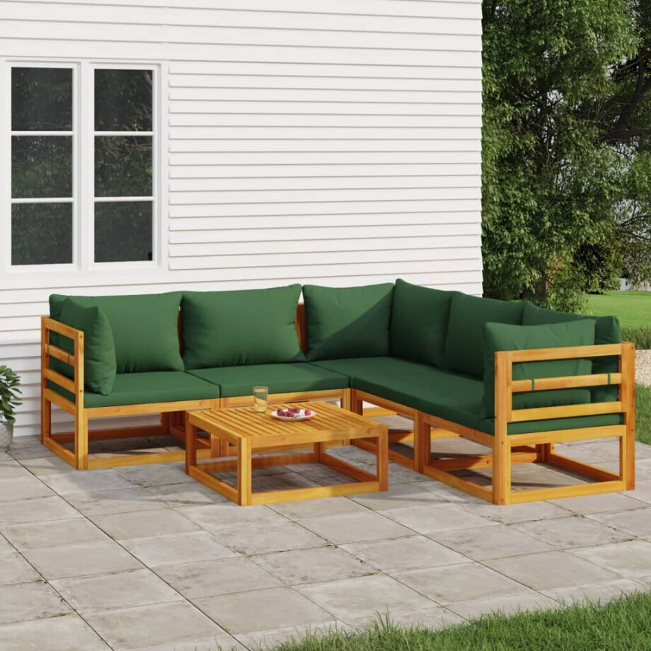 vidaXL 6-delige Loungeset met groene kussens massief hout vidaXL 6-delige Loungeset met groene kussens massief hout afbeelding 1
