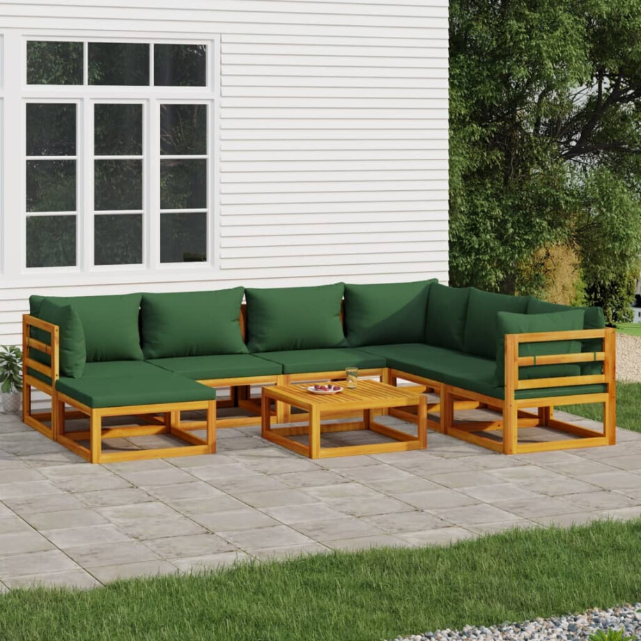 vidaXL 8-delige Loungeset met groene kussens massief hout vidaXL 8-delige Loungeset met groene kussens massief hout afbeelding 1