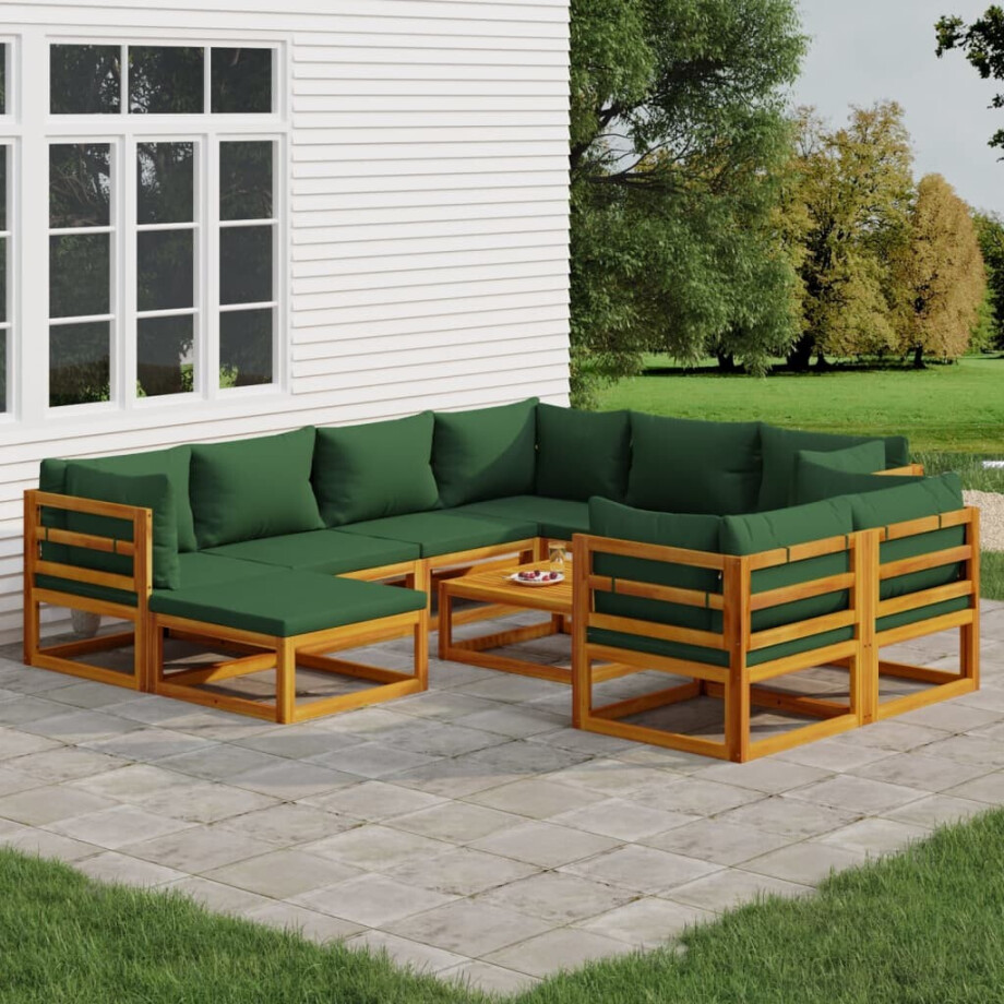 vidaXL 10-delige Loungeset met groene kussens massief hout vidaXL 10-delige Loungeset met groene kussens massief hout afbeelding 1