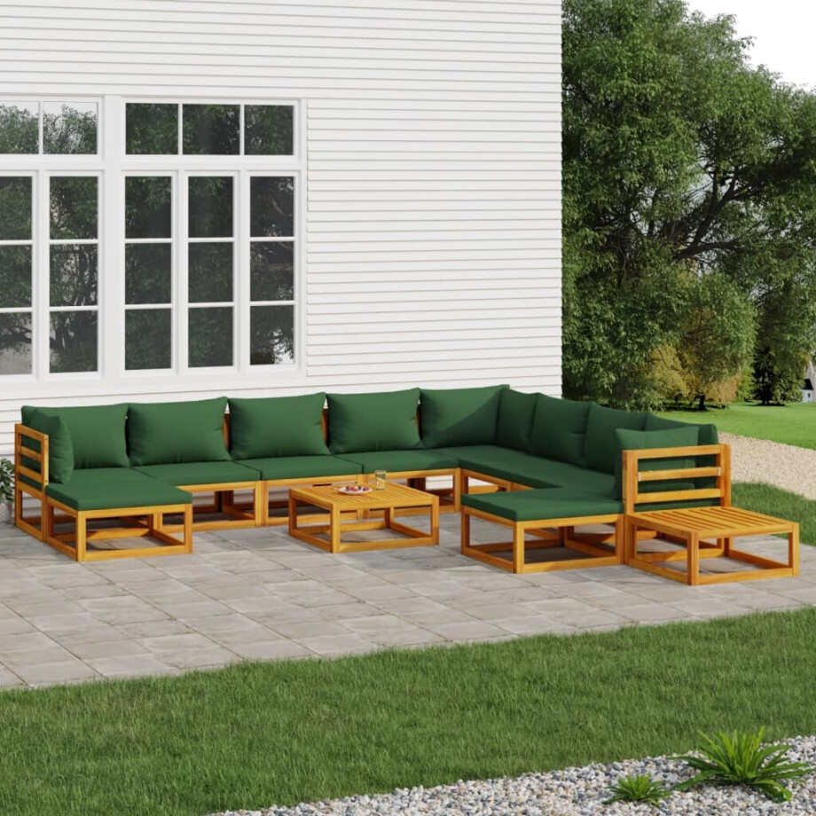 vidaXL 12-delige Loungeset met groene kussens massief hout vidaXL 12-delige Loungeset met groene kussens massief hout afbeelding 1