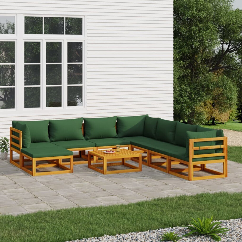 vidaXL 9-delige Loungeset met groene kussens massief hout vidaXL 9-delige Loungeset met groene kussens massief hout afbeelding 1