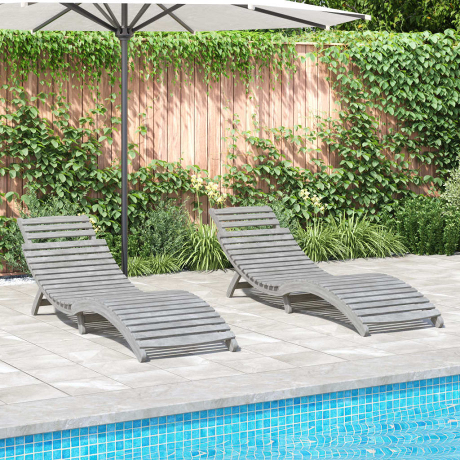 vidaXL Ligbedden 2 st 184x55x64 cm massief acaciahout grijs afbeelding 1