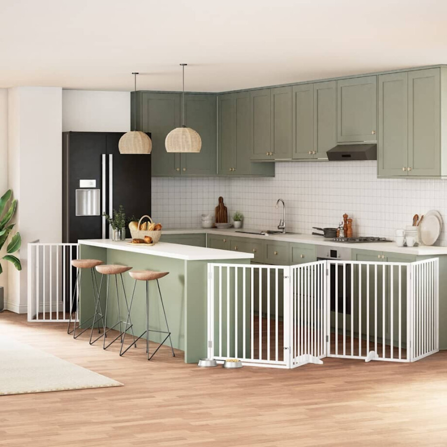 vidaXL Hondenhek inklapbaar met deur 6 panelen 480 cm populierhout wit afbeelding 1