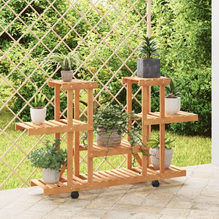 vidaXL Plantenstandaard met wielen 110x25x78 cm massief vurenhout afbeelding 1
