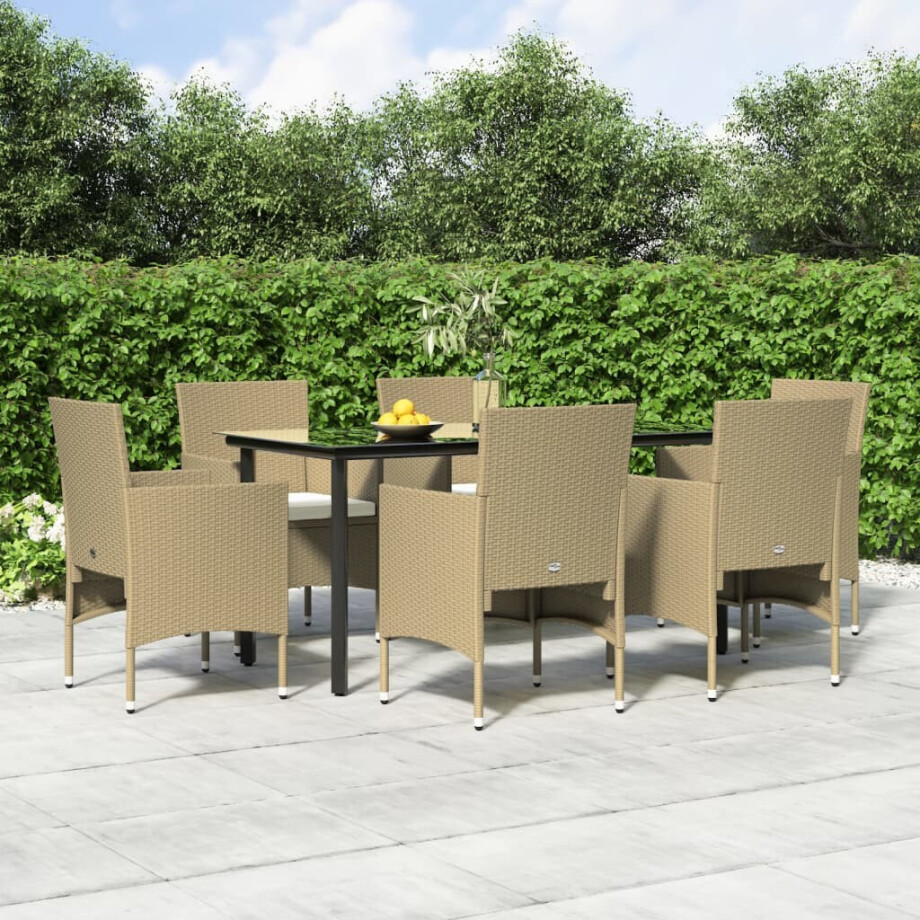 vidaXL 7-delige Tuinset met kussens beige en zwart afbeelding 1