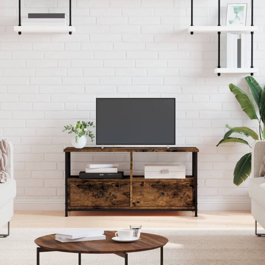 vidaXL Tv-meubel 90x33x45 cm bewerkt hout en ijzer gerookt eikenkleur afbeelding 1