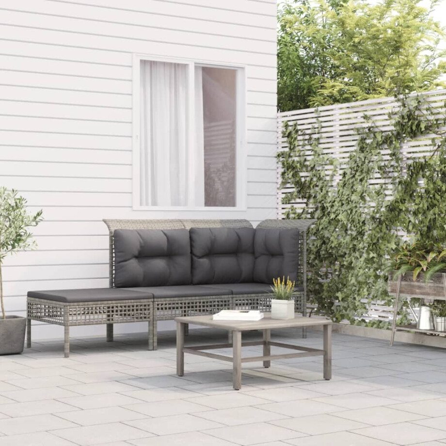 vidaXL 3-delige Loungeset met kussens poly rattan grijs afbeelding 1