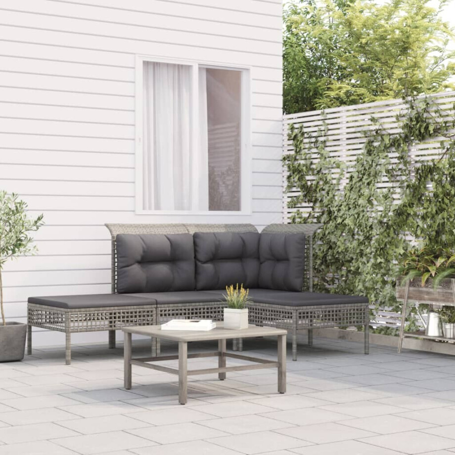 vidaXL 4-delige Loungeset met kussens poly rattan grijs vidaXL 4-delige Loungeset met kussens poly rattan grijs afbeelding 1