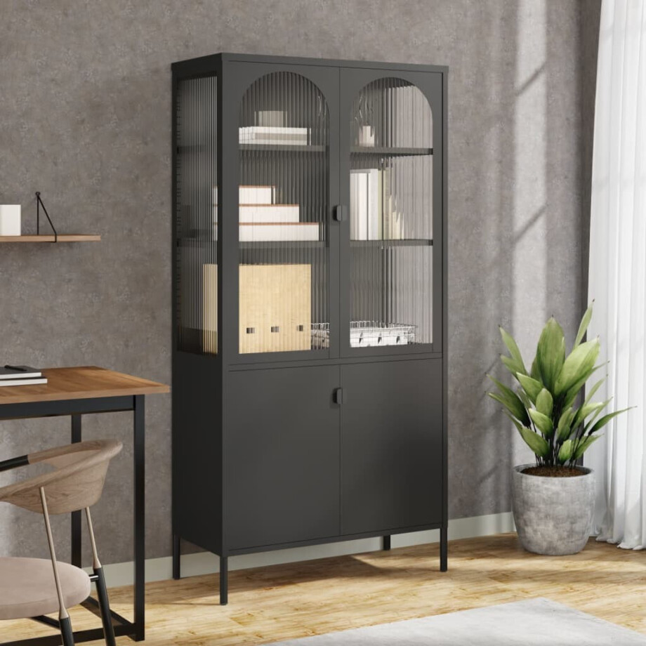 vidaXL Hoge kast 90x40x180 cm glas en staal zwart afbeelding 1