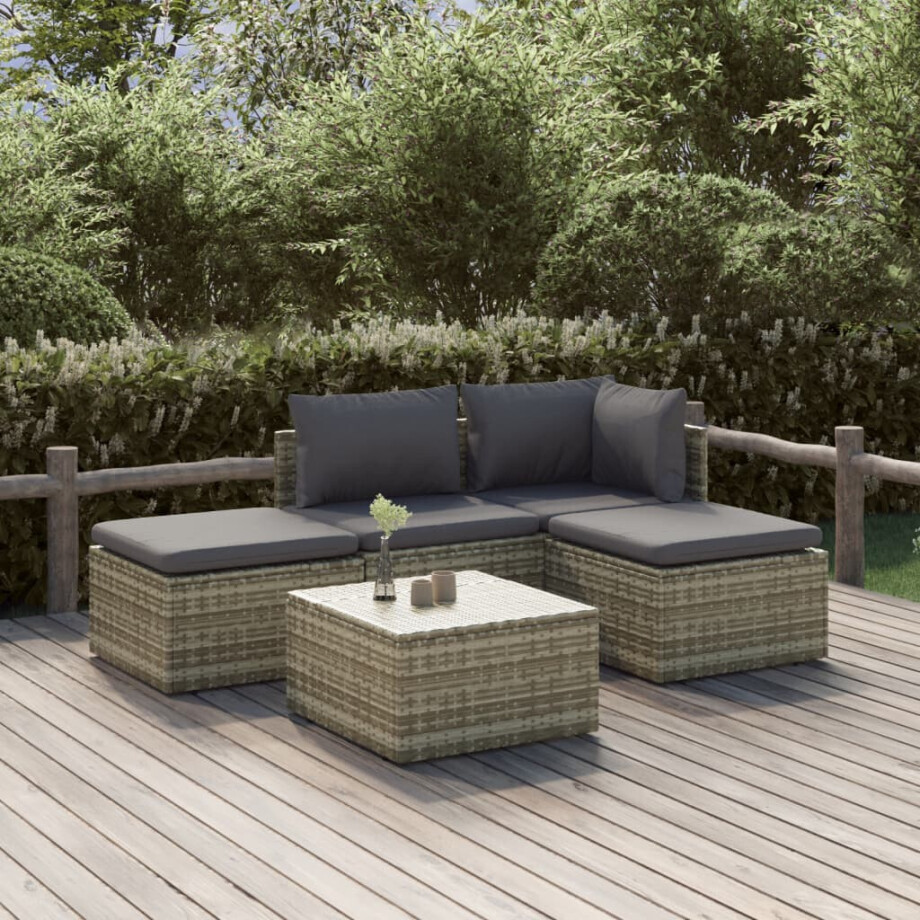 vidaXL 5-delige Loungeset met kussens poly rattan grijs afbeelding 1