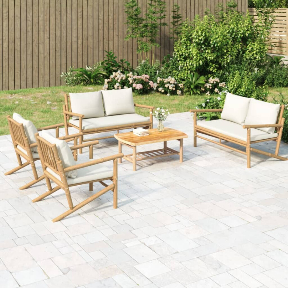 vidaXL 5-delige Loungeset met kussens bamboe crèmewit vidaXL 5-delige Loungeset met kussens bamboe crèmewit afbeelding 1