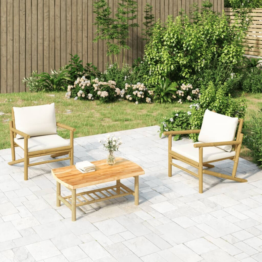 vidaXL 3-delige Loungeset met kussens bamboe crèmewit vidaXL 3-delige Loungeset met kussens bamboe crèmewit afbeelding 1