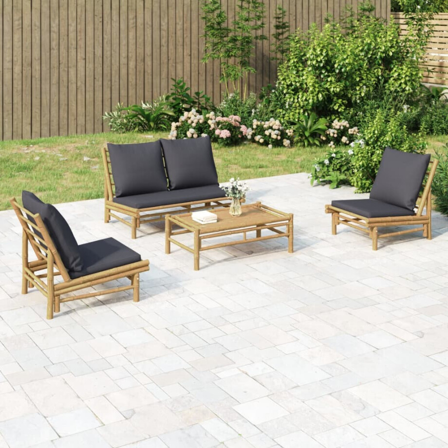 vidaXL 4-delige Loungeset met kussens bamboe donkergrijs afbeelding 1