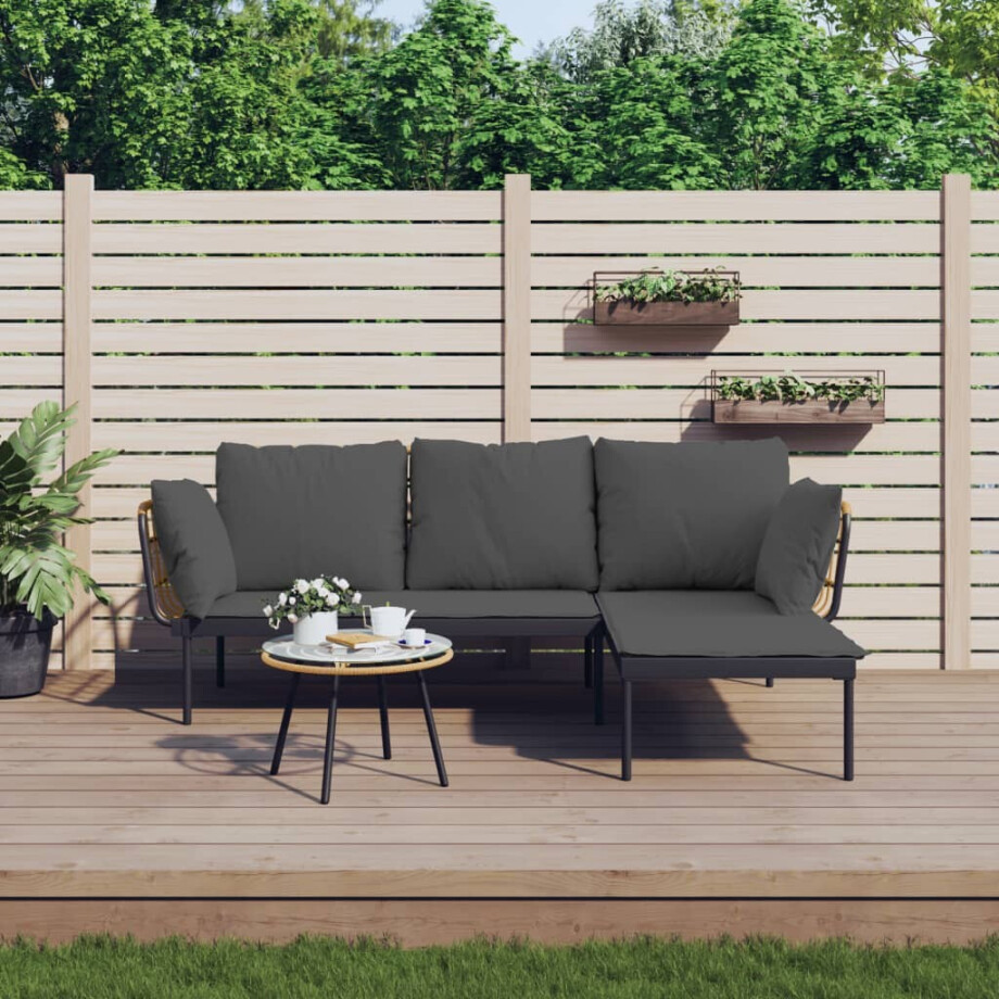 vidaXL 3-delige Loungeset met kussens poly rattan donkergrijs afbeelding 1