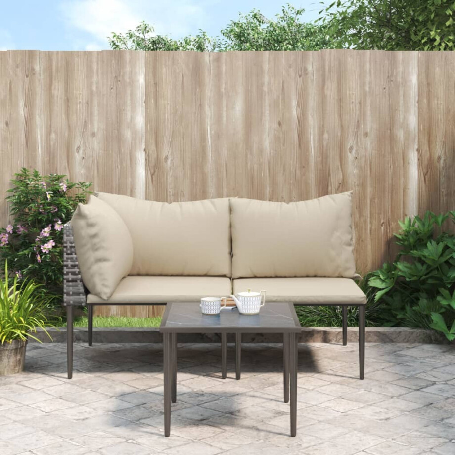 vidaXL 3-delige Loungeset met kussens poly rattan grijs afbeelding 1