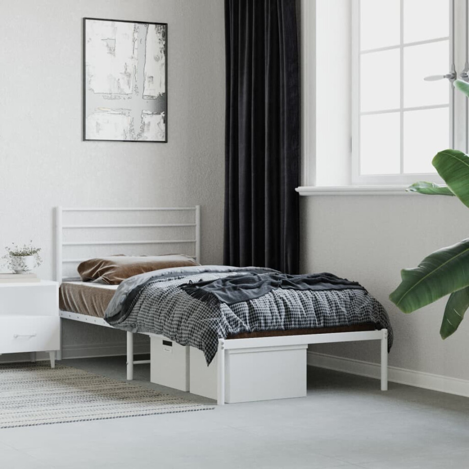 vidaXL Bedframe met hoofdbord metaal wit 107x203 cm afbeelding 1