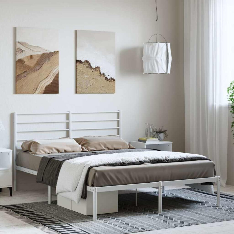 vidaXL Bedframe met hoofdbord metaal wit 150x200 cm afbeelding 1