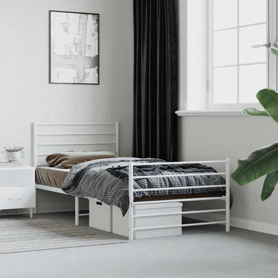 vidaXL Bedframe met hoofd- en voeteneinde metaal wit 90x200 cm afbeelding 1