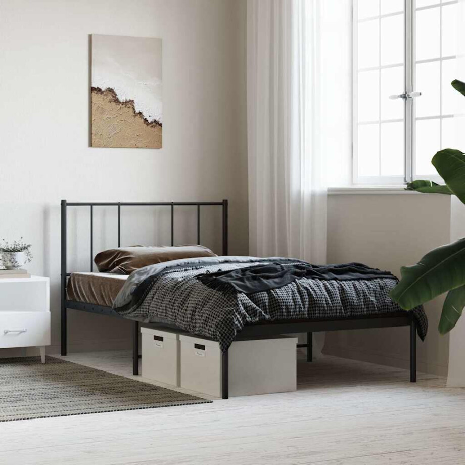 vidaXL Bedframe met hoofdbord metaal zwart 75x190 cm afbeelding 1