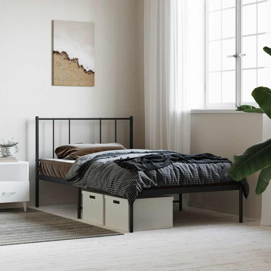 vidaXL Bedframe met hoofdbord metaal zwart 90x190 cm afbeelding 1